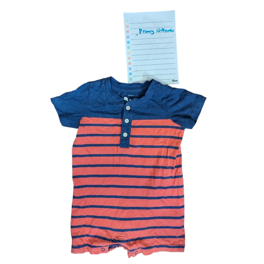 Primary striped henley romper shorties, 12-18 months